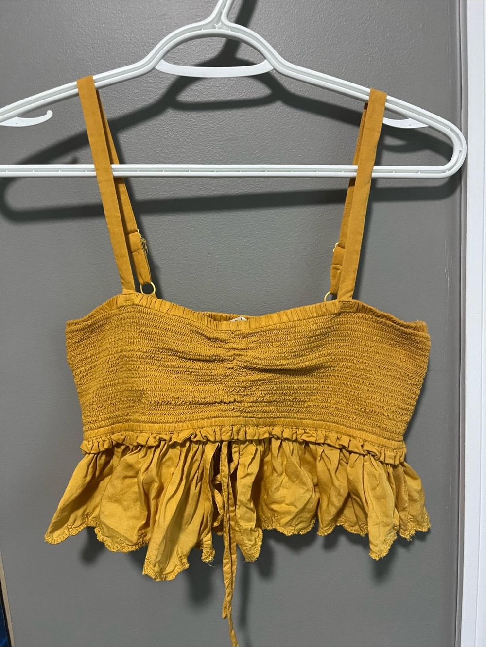 Wilfred Mustard Yellow Smocked Ruffle Hem Crop Top